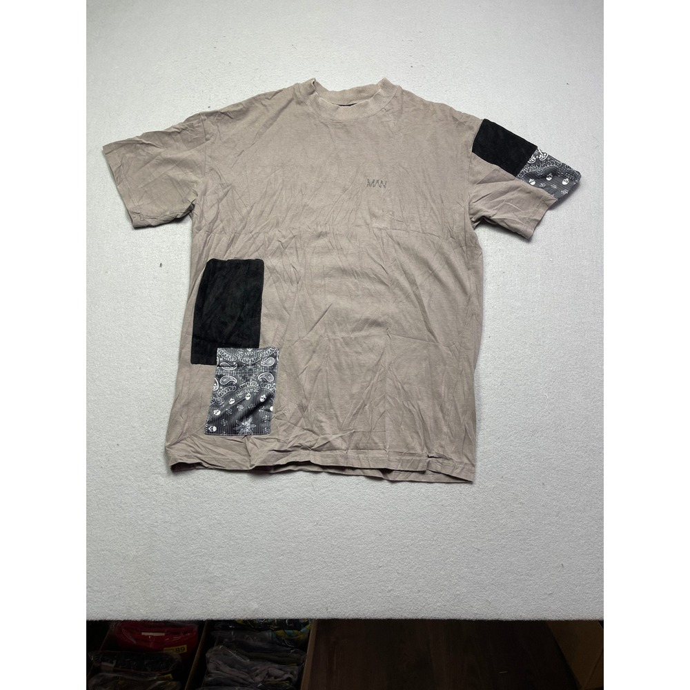 boohooMAN T-Shirt Cotton Patchwork Paisley Brown XS Mens